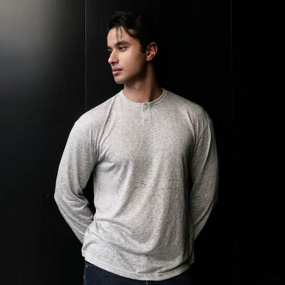 "Morning Mist" Lightweight Lyocell-Blend Draped Henley Top