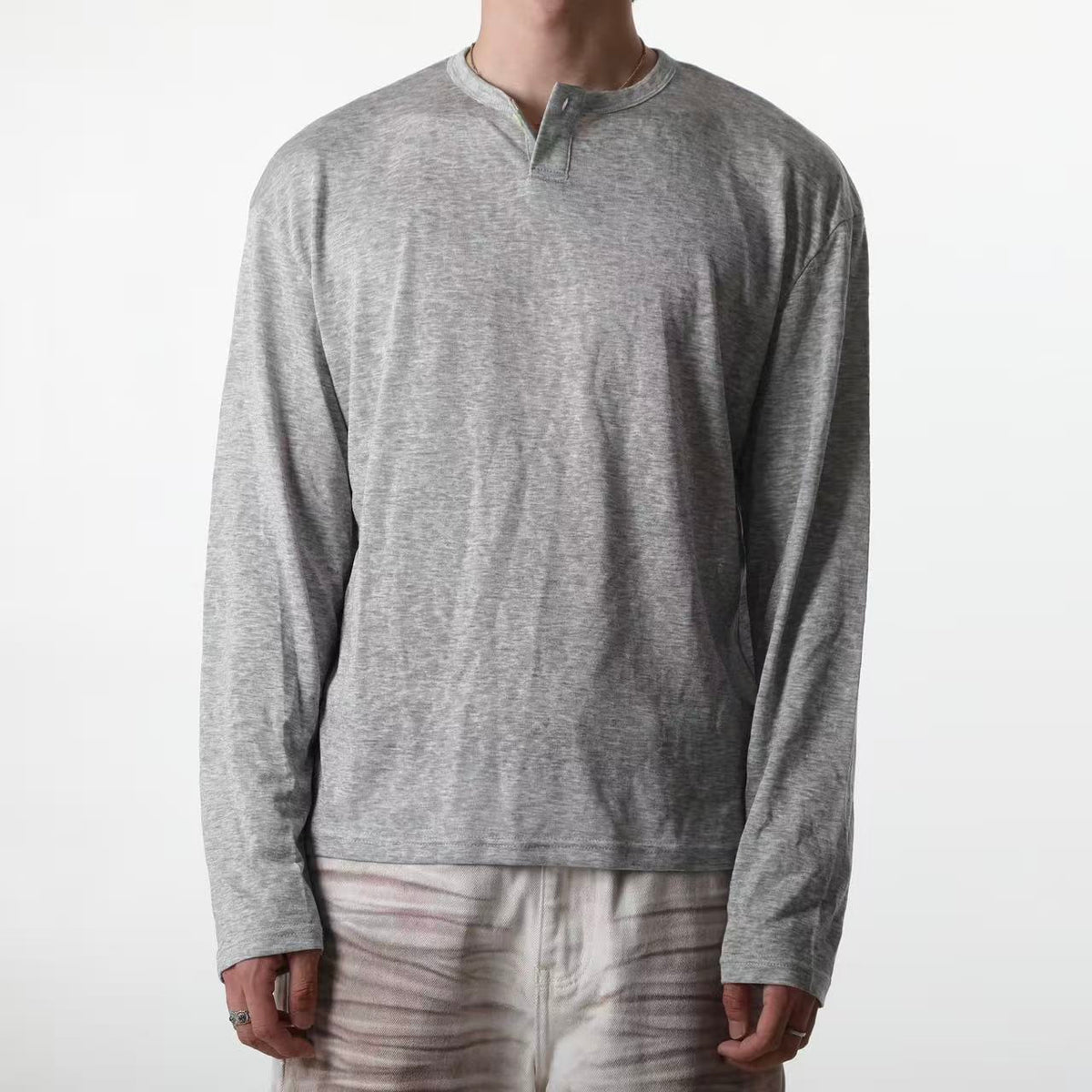 "Morning Mist" Lightweight Lyocell-Blend Draped Henley Top